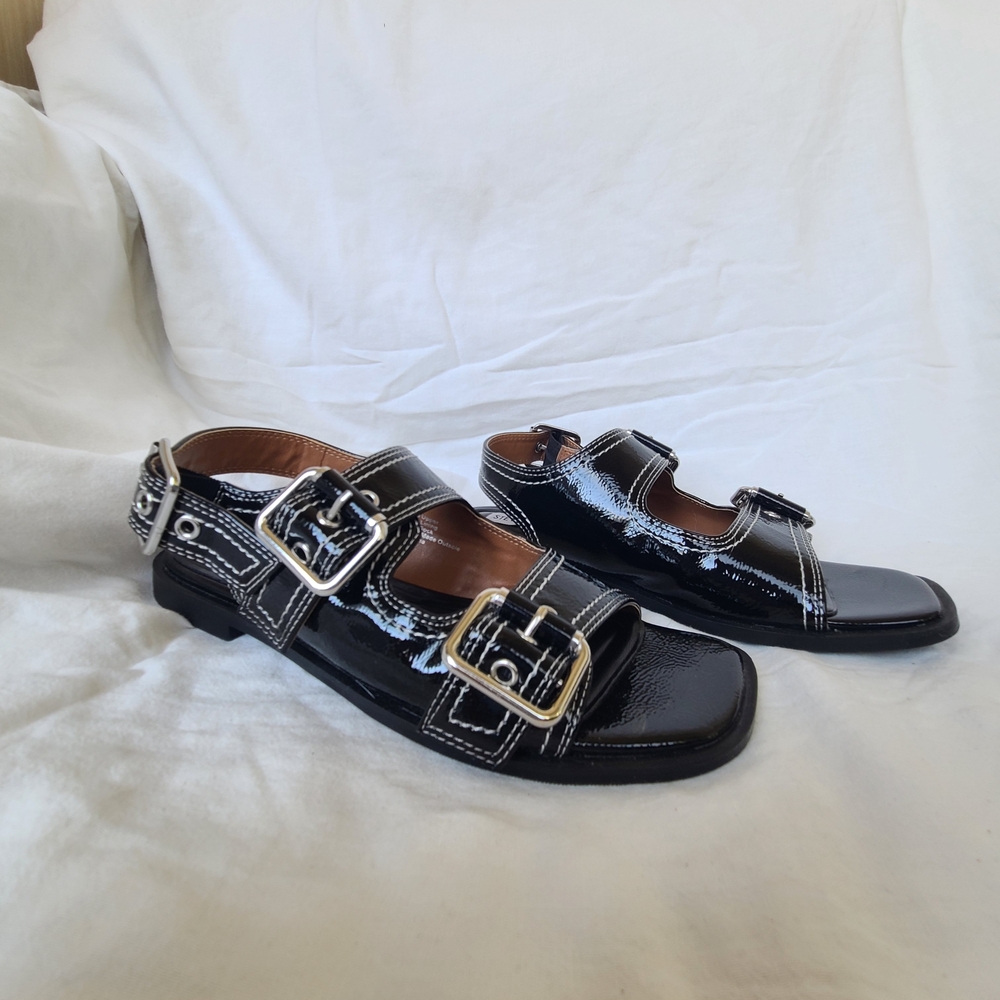 Steve Madden Shiny Black Buckle Sandals